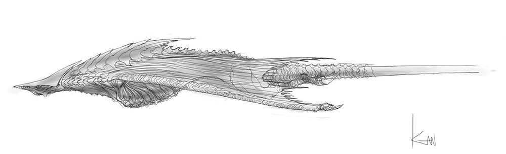 beak concept_art engi_(animation_studio) fins fish full_body gamera_(series) gamera_-rebirth- giant giant_monster kadokawa kaiju manta_ray monochrome monster no_humans official_art promotional_art sea_monster side_profile signature skate_(fish) sketch stinger stingray tail takahama_kan talons wings zigra