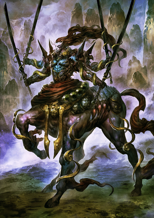 1boy beads brown_hair centaur dannoura_yuuki dual_wielding extra_arms fangs fate/grand_order fate_(series) floating_hair full_body game_cg holding holding_sword holding_weapon horns long_hair male_focus monster_boy official_art pectorals solo standing sword taur third-party_source tusks variant_set very_long_hair weapon xiang_yu_(fate)