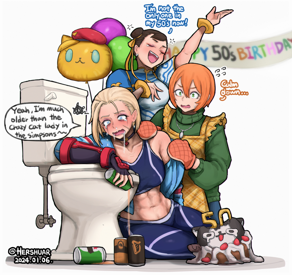 3girls abs age_conscious apron blonde_hair blue_eyes blue_sports_bra breasts cammy_white capcom china_dress chinese_clothes chun-li commentary constricted_pupils crying crying_with_eyes_open dress drunk english_commentary english_text facial_scar fingerless_gloves gloves green_eyes green_sweater hair_between_eyes happy_birthday hershuar jewelry juni_(street_fighter) large_breasts mature_female midriff multiple_girls necklace orange_hair oven_mitts pants pendant_choker sad scar scar_on_cheek scar_on_face short_hair single_vambrace speech_bubble sports_bra squeans street_fighter street_fighter_6 sweater tears toilet turtleneck turtleneck_sweater vambraces yellow_apron yoga_pants