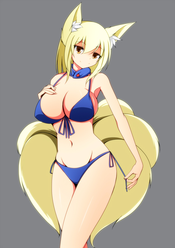 1girl animal_ears bare_arms bare_legs bikini blonde_hair blue_bikini breasts crossed_legs female_focus fox_ears fox_girl fox_tail hand_on_own_chest large_breasts looking_at_viewer merry_(diameri) multiple_tails navel short_hair side-tie_bikini_bottom sideboob smile solo standing stomach swimsuit tail touhou yakumo_ran yellow_eyes