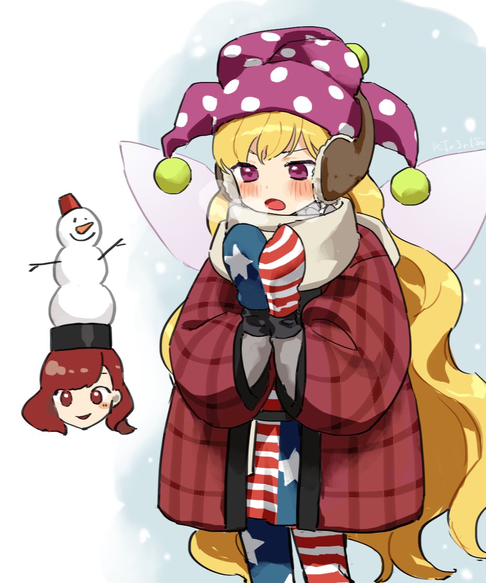 2girls adapted_costume american_flag american_flag_print blonde_hair blush breath breathing_on_hands clownpiece coat commentary_request cowboy_shot earmuffs fairy_wings fez_hat flag_print grey_sky hat head_only hecatia_lapislazuli highres jester_cap kaigen_1025 long_hair medium_hair multiple_girls open_mouth plaid_clothes plaid_coat polka_dot_hat purple_eyes purple_hat red_coat red_eyes red_hair red_hat rubbing_hands_together scarf simple_background sky smile snowing snowman swept_bangs touhou v-shaped_eyebrows very_long_hair warming_hands white_background white_scarf wings winter_gloves