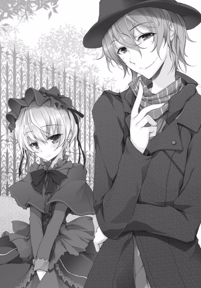 1boy 1girl arisuin_nagi blush bow bowtie closed_mouth coat commentary_request dress greyscale hand_up hat headdress kurogane_shizuku lapels looking_at_viewer monochrome notched_lapels novel_illustration official_art rakudai_kishi_no_cavalry scarf second-party_source short_hair smile standing striped_clothes striped_scarf won_(az_hybrid)