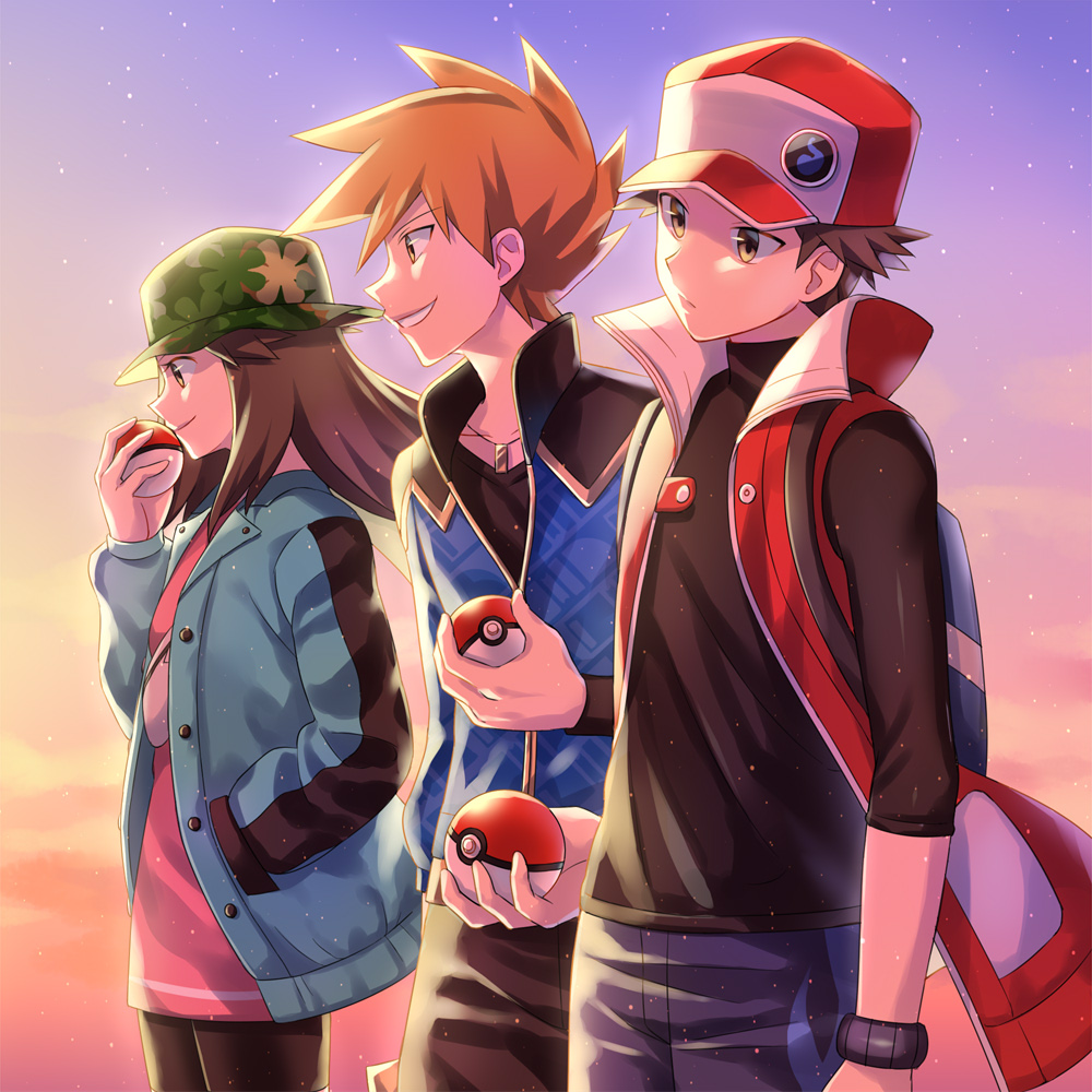 1girl 2boys backpack bag blue_jacket blue_oak blue_oak_(sygna_suit) brown_eyes brown_hair buttons camouflage camouflage_headwear closed_mouth coat commentary_request from_side green_headwear green_jacket hand_up hat holding holding_poke_ball jacket jewelry leaf_(pokemon) leaf_(sygna_suit)_(pokemon) long_sleeves multiple_boys necklace nintendo official_alternate_costume outdoors pants pantyhose pink_shirt poke_ball poke_ball_(basic) pokemon pokemon_masters_ex red_(pokemon) red_(sygna_suit)_(pokemon) red_headwear scbstella shirt short_hair sleeveless sleeveless_coat smile spiked_hair