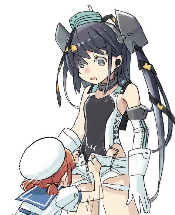 2girls aqua_headwear black_one-piece_swimsuit black_ribbon blue_sailor_collar brown_hair commentary_request competition_swimsuit dress garrison_cap gloves grey_eyes grey_hair hair_ornament hair_ribbon hair_rings hat height_difference highleg highleg_one-piece_swimsuit kaiboukan_no._4_(kancolle) kantai_collection long_hair low_twintails mizoki_kei multiple_girls one-piece_swimsuit punching ribbon sailor_collar sailor_dress sailor_hat scamp_(kancolle) short_shorts shorts side_ponytail simple_background standing star_(symbol) star_hair_ornament swimsuit twintails white_background white_dress white_gloves white_headwear white_shorts