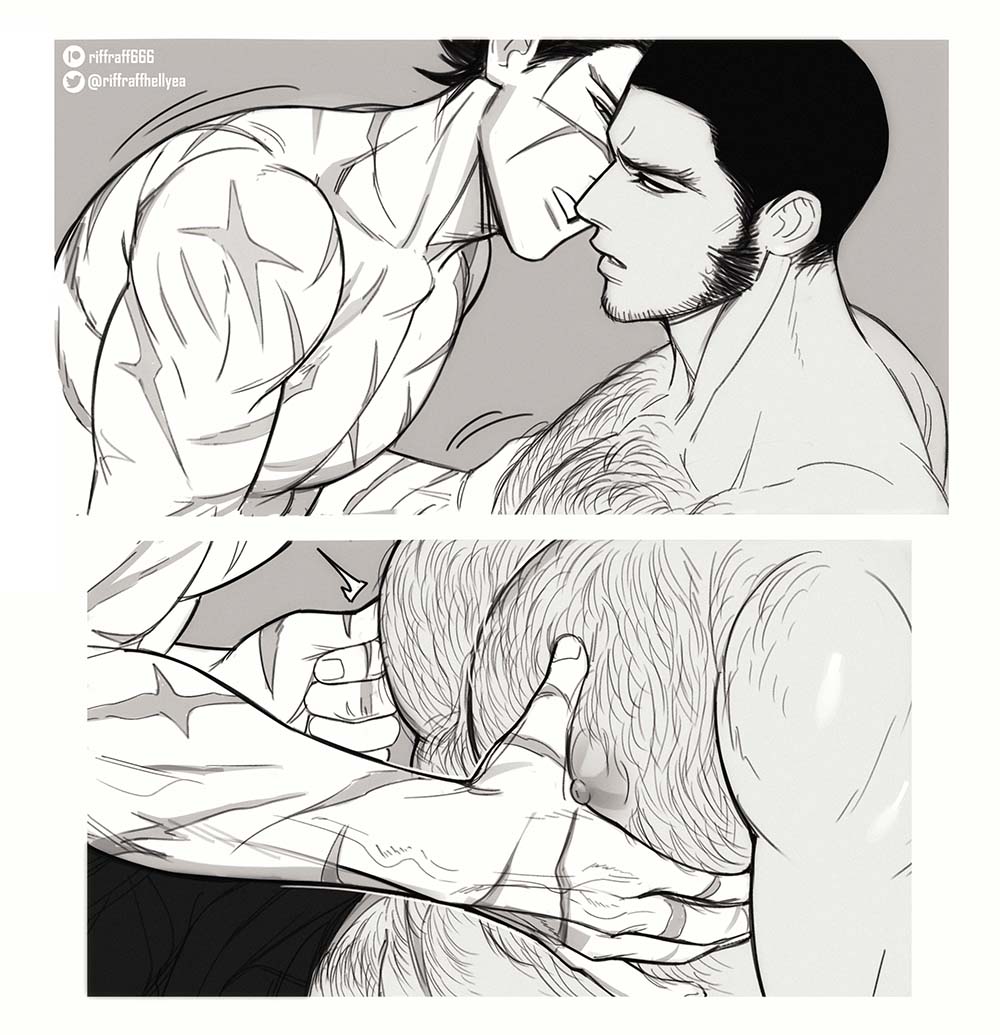 2boys bara beard border chest_hair collarbone commentary english_commentary eye_contact facial_hair golden_kamuy greyscale hairy hands_on_another&#039;s_chest looking_at_another male_focus monochrome multiple_boys multiple_scars muscular muscular_male nipple_stimulation nipple_tweak nipples pants parted_lips patreon_username pectoral_grab pectorals riffraffhellyea scar scar_on_face scars_all_over short_hair sugimoto_saichi tanigaki_genjirou teeth too_many topless_male twitter_username white_border yaoi