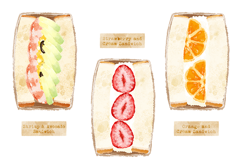 avocado avocado_slice bread food food_focus food_name fruit no_humans orange_(fruit) orange_slice original sakurako_shinya sandwich shrimp strawberry strawberry_sandwich transparent_background