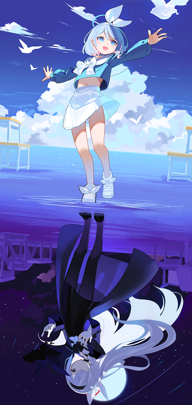 2girls animal arona_(blue_archive) bird black_serafuku blue_archive blue_sky cloud commentary_request day falken_(yutozin) full_body hair_over_one_eye highres horizon long_hair long_sleeves looking_at_viewer looking_to_the_side midriff multicolored_hair multiple_girls night night_sky ocean open_mouth outdoors outstretched_arms pink_hair plana_(blue_archive) reflection reflective_water school_uniform serafuku shoes short_hair skirt sky smile table two-tone_hair white_footwear white_hair white_skirt