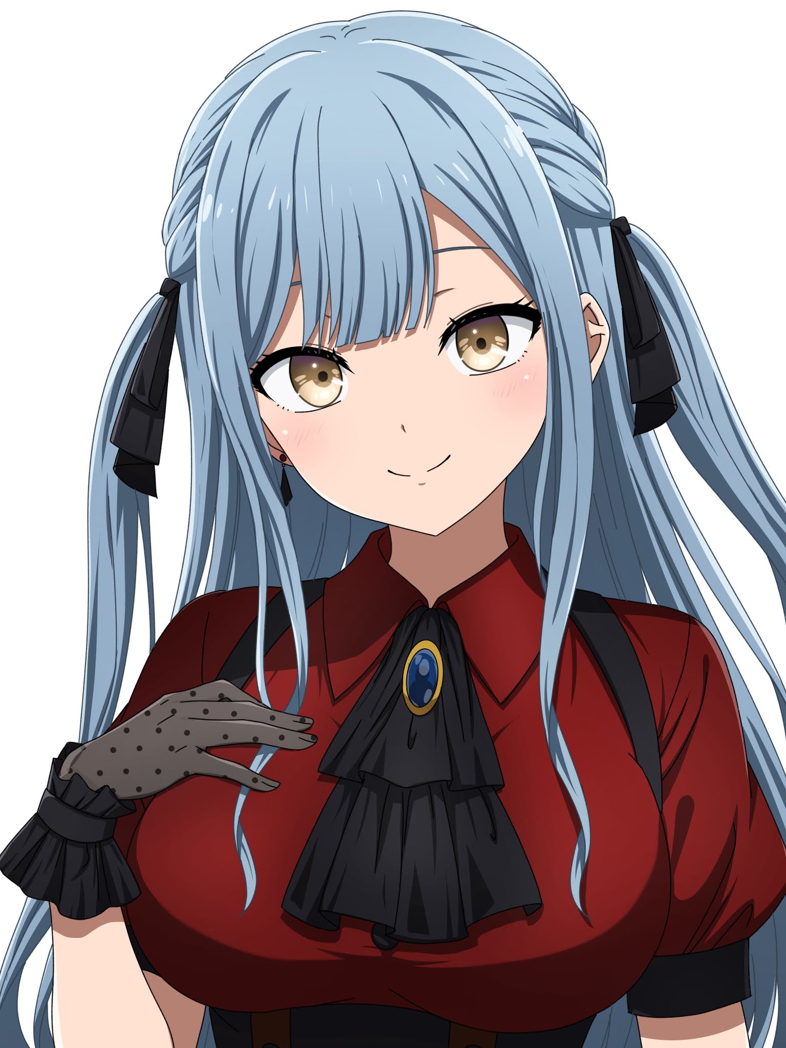 1girl bang_dream! bang_dream!_it's_mygo!!!!! black_corset black_gloves black_ribbon blue_brooch blue_hair blush breasts closed_mouth commentary corset earrings gloves hair_ribbon hand_on_own_chest highres jewelry large_breasts long_hair looking_at_viewer noshimurin oblivionis_(bang_dream!) red_shirt ribbon shirt sidelocks simple_background smile solo togawa_sakiko two_side_up upper_body white_background yellow_eyes