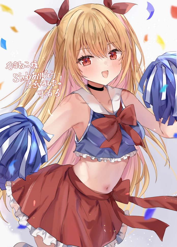 1girl :d adapted_costume artist_name bare_shoulders black_choker blonde_hair blue_shirt blush bow bowtie breasts cheerleader choker collarbone commentary_request commission confetti cowboy_shot eyelashes frilled_shirt frilled_skirt frills hair_between_eyes hair_ribbon happy holding holding_pom_poms irotoridori_no_sekai long_hair looking_at_viewer maruro midriff miniskirt navel nikaidou_shinku open_mouth pom_pom_(cheerleading) pom_poms red_bow red_bowtie red_eyes red_ribbon red_skirt ribbon sailor_collar shirt sidelocks simple_background skeb_commission skirt sleeveless sleeveless_shirt small_breasts smile solo straight_hair tsurime two_side_up very_long_hair white_background white_sailor_collar