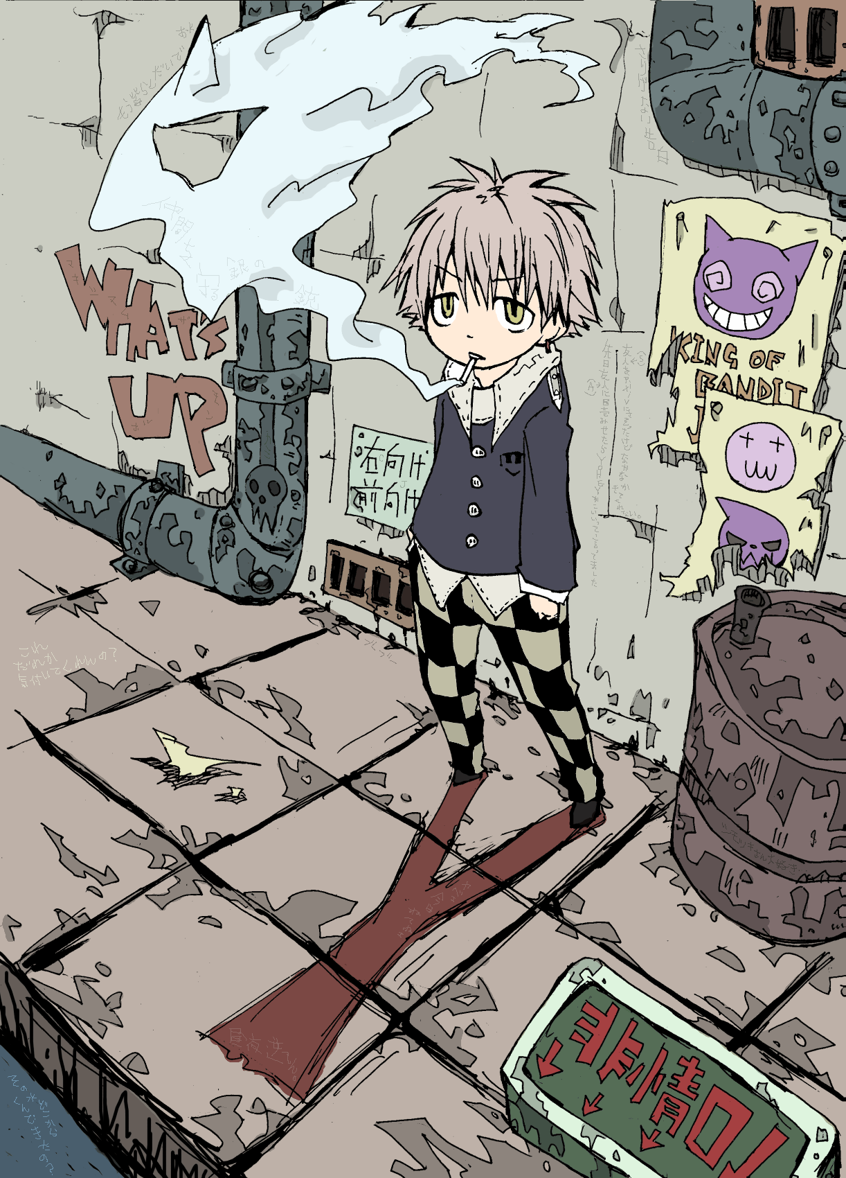 androgynous b_ichi bad_id bad_pixiv_id child cigarette english_text gender_request graffiti highres poster_(medium) poster_(object) road smoke smoking solo street toonaka urban