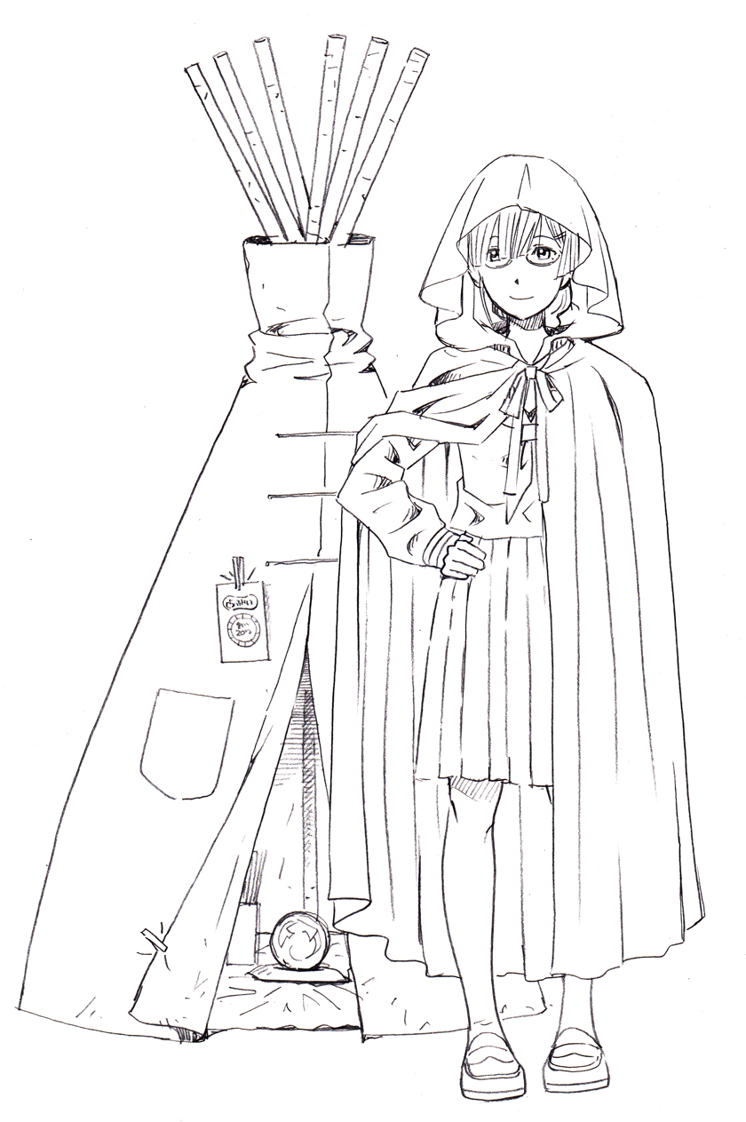 10s 1girl bbb_(friskuser) braid cape glasses greyscale highres hood hyouka juumonji_kaho lineart long_hair mole monochrome school_uniform simple_background teepee tent white_background