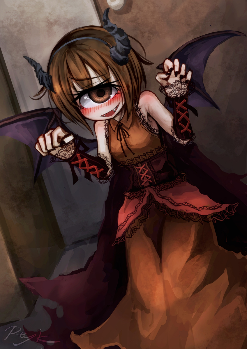 1girl bare_shoulders black_nails blush brown_dress brown_eyes brown_hair costume cyclops dress fake_horns fangs female_focus hairband halloween highres hitomebore horns legs_together looking_at_viewer nail_polish one-eyed open_mouth original ray-k short_hair signature smile solo usui_sachi wings