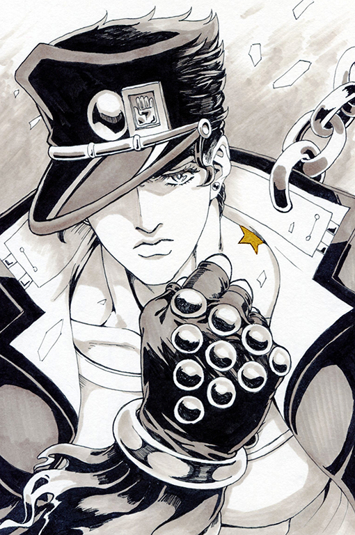 1boy birthmark chain clenched_hand coat commentary_request earrings fingerless_gloves frown gakuran gloves greyscale hat hat_over_one_eye jewelry joestar_birthmark jojo_no_kimyou_na_bouken kuujou_joutarou lanxjourney male_focus monochrome school_uniform solo spot_color stand_(jojo) star_platinum stardust_crusaders stud_earrings