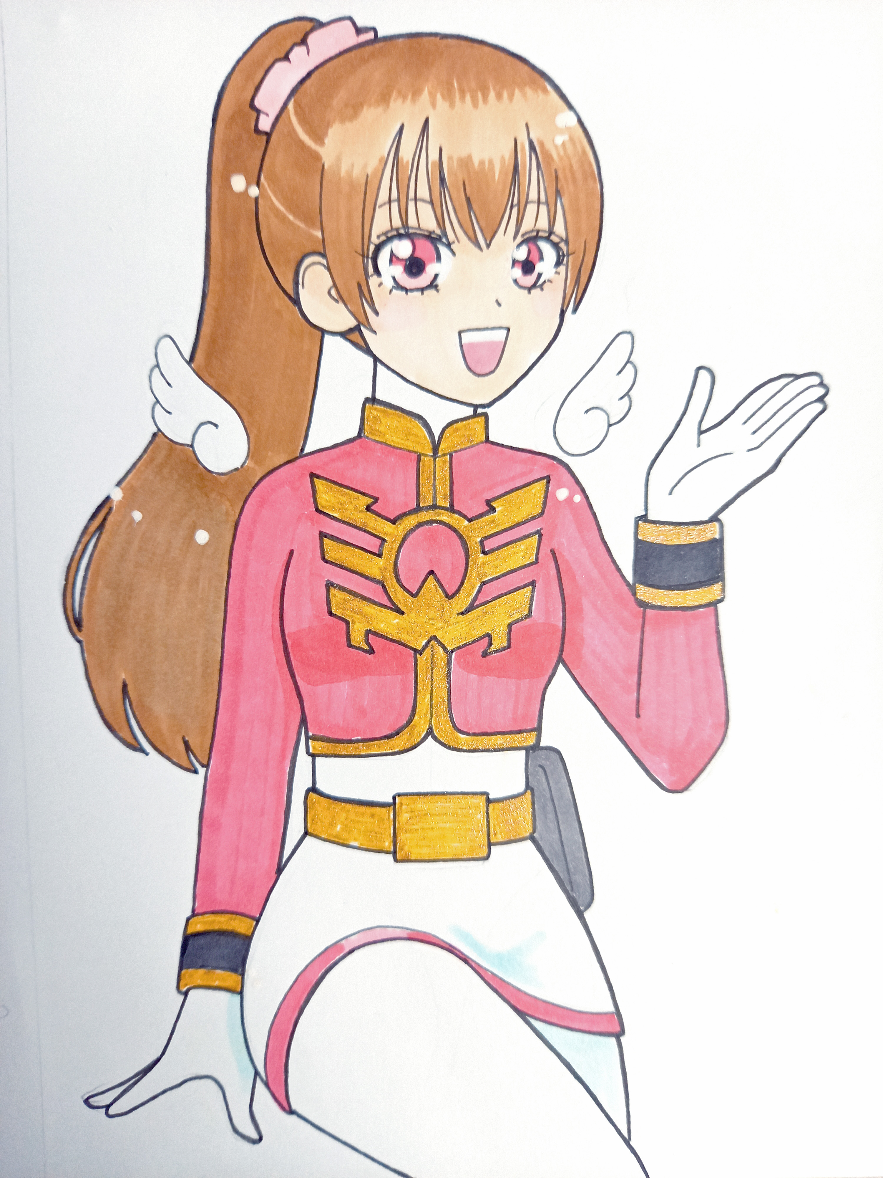 1girl absurdres angel angel_wings bodysuit brown_hair eri_(goseiger) gloves gosei_pink highres kwai_chi long_hair looking_at_viewer no_headwear no_headwear no_mask open_mouth pink_bodysuit pink_eyes ponytail sitting skirt smile super_sentai teeth tensou_sentai_goseiger white_background white_gloves wings