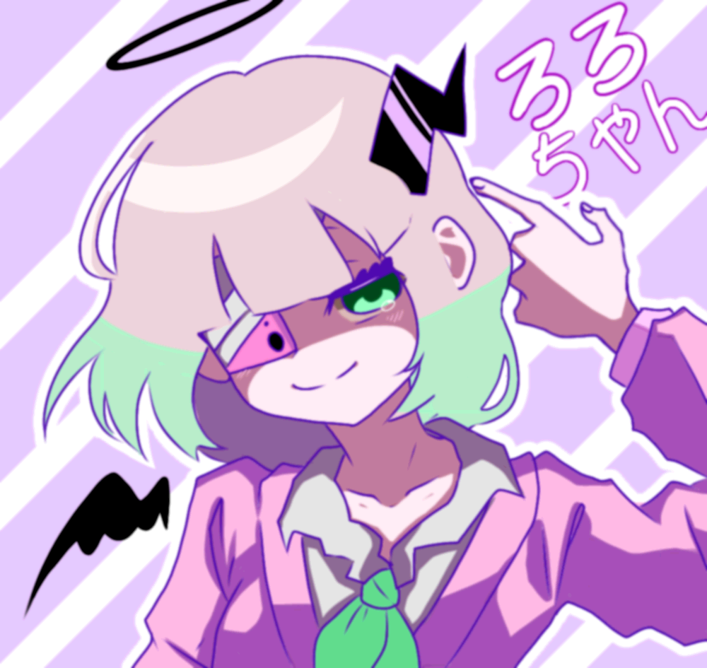 1girl anya_lolz black_halo blonde_hair blunt_bangs breasts cardigan collarbone collared_shirt demon_horns demon_wings false_smile finger_gun finger_gun_to_head fingernails green_eyes green_neckerchief halo horns light_blush long_sleeves looking_at_viewer multicolored_hair neckerchief open_cardigan open_clothes open_collar original pink_sweater ruru_(shinsei_kamattechan) shaded_face shinsei_kamattechan shirt short_hair single_horn small_breasts smile solo sweater tearing_up upper_body wings