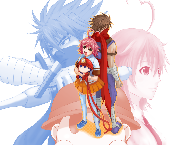 1girl 2boys ahoge aino_heart arcana_heart back-to-back bandaged_ankle bandaged_wrist bandages blue_eyes brown_eyes crossover hard_hat heart heart_ahoge helmet looking_back looking_to_the_side looking_up m.u.g.e.n mask misono_gakuen_school_uniform mouth_mask multiple_boys multiple_crossover orange_skirt perspective pink_hair red_scarf ribbon roku91 scarf school_uniform short_hair skirt smile spelunker spelunker_(character) strider_(video_game) strider_hiryuu thighhighs tonfa very_short_hair weapon wrist_bow zettai_ryouiki