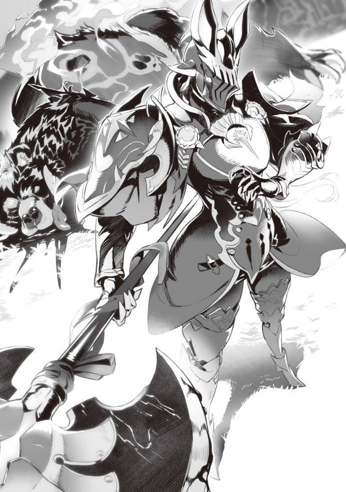 armor axe baron_(dappou_tamer) bear blood dappou_tamer_no_nariagari_boukentan_-_s-rank_bishoujo_boukensha_ga_ore_no_juuma_ni_na! dark_elf dead_animal elf female_knight grass helmet hunter knight novel_illustration official_art pointy_ears shadow