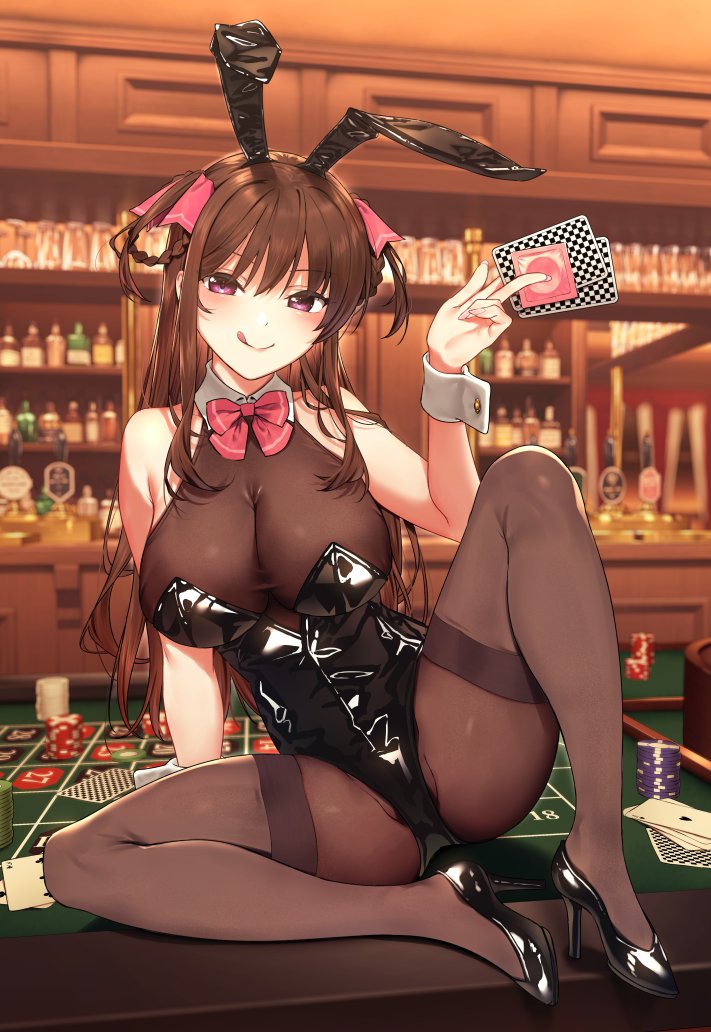 1girl 22/7 :q animal_ears ass bare_shoulders black_footwear black_leotard bodystocking bow bowtie braid braided_hair_rings breasts brown_hair brown_thighhighs card cleavage closed_mouth condom condom_wrapper detached_collar fake_animal_ears hair_ribbon hair_rings hairband high_heels holding large_breasts leotard nagareboshi naughty_face pink_eyes playboy_bunny playing_card poker_chip poker_table rabbit_ears ribbon sitting smile solo strapless strapless_leotard table tachikawa_ayaka thighhighs tongue tongue_out two_side_up wrist_cuffs