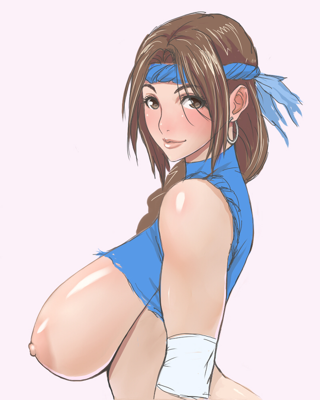 1girl bare_shoulders blue_shirt blush braid breasts brown_eyes brown_hair earrings female_focus headband hoop_earrings huge_breasts jewelry light_smile lips long_hair looking_at_viewer looking_to_the_side matching_hair/eyes nipples poin_(hidsuki) rebecca_turner sagging_breasts shirt sideboob simple_background single_braid sleeveless sleeveless_shirt smile solo super_robot_wars super_robot_wars_the_lord_of_elemental torn_clothes torn_shirt upper_body