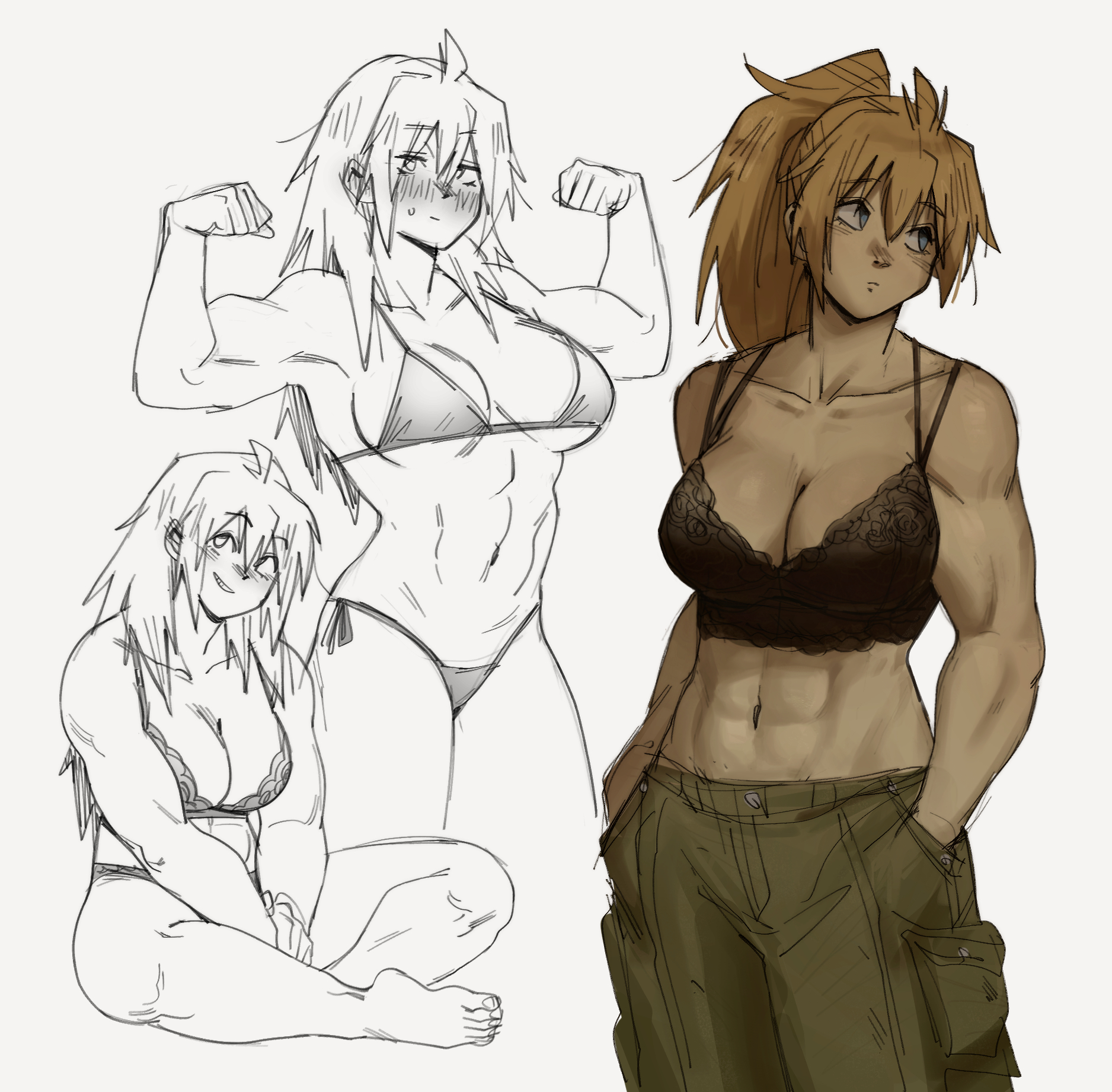 1girl abs bikini blonde_hair blue_eyes blush breasts cargo_pants cleavage crossed_legs dorohedoro flexing gutalalaman hands_in_pockets highres large_breasts lingerie looking_to_the_side muscular muscular_female nikaidou_(dorohedoro) pants sitting solo swimsuit underwear