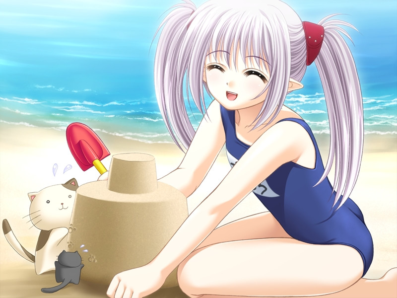 00s 1girl beach cat elf game_cg long_hair name_tag nishimata_aoi official_art one-piece_swimsuit pointy_ears primula school_swimsuit shuffle! silver_hair smile stuffed_animal stuffed_toy swimsuit twintails