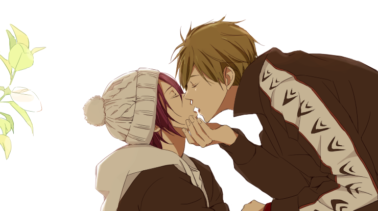 2boys arm_up black_jacket brown_hair closed_eyes collared_jacket commentary_request couple free! hair_between_eyes hand_on_another&#039;s_face hat hood hood_down hoodie imminent_kiss jacket juti knit_hat leaf leaning leaning_forward long_sleeves male_focus matsuoka_rin multicolored_jacket multiple_boys plant pom_pom_(clothes) popped_collar red_hair simple_background tachibana_makoto white_background white_hat white_hoodie yaoi