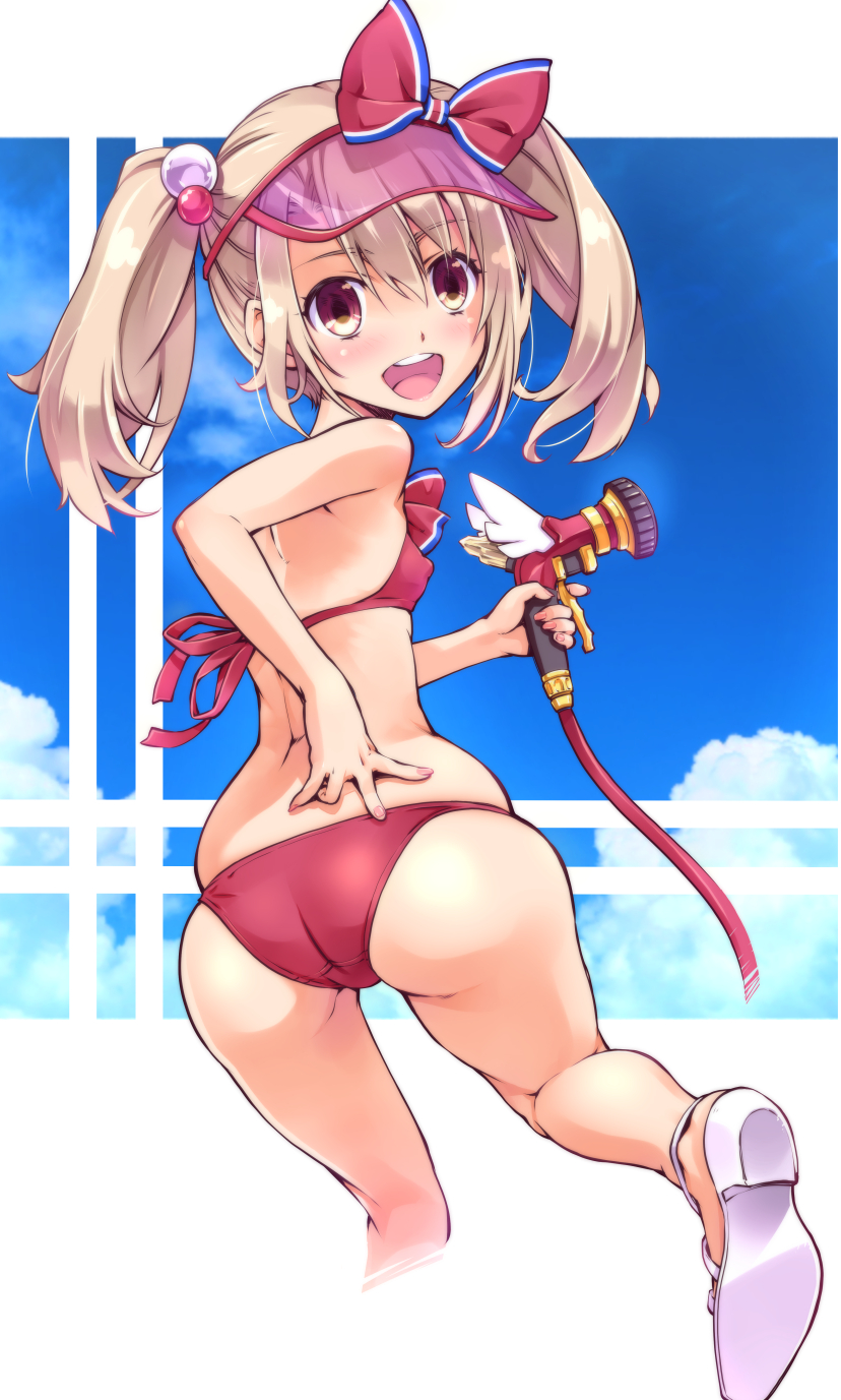 1girl :d ass bare_arms bare_shoulders bikini blonde_hair bow breasts cloud covered_erect_nipples fate/grand_order fate_(series) fingernails from_behind hair_between_eyes hair_bobbles hair_ornament halterneck highres hose illyasviel_von_einzbern illyasviel_von_einzbern_(swimsuit_archer) illyasviel_von_einzbern_(swimsuit_archer)_(second_ascension) leg_up looking_at_viewer looking_back magical_ruby magical_ruby_(hose) medium_hair multicolored_eyes nail_polish open_mouth pink_bikini pink_nails round_teeth shoes skindentation small_breasts smile solo string_bikini suzuki24 swimsuit teeth twintails visor_cap white_shoes