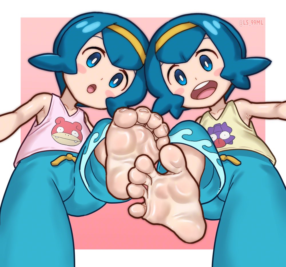 2girls barefoot blue_eyes blue_hair blush_stickers character_print feet foot_focus gen_1_pokemon harper_(pokemon) headband multiple_girls nintendo pokemon pokemon_(anime) pokemon_sm_(anime) sarah_(pokemon) shellder slowpoke stepping toenails toes tsukimaru_(ls_99ml)