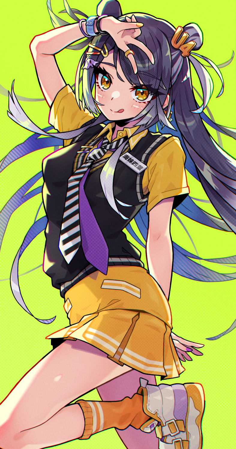 1girl arm_up black_hair black_necktie black_vest blush closed_mouth collared_shirt cowboy_shot diagonal-striped_clothes diagonal-striped_necktie double_bun gradient_hair green_background hair_bun hair_ornament highres jewelry long_hair looking_at_viewer miniskirt muco_lita multicolored_hair multiple_neckties nail_polish necktie nijisanji orange_eyes orange_socks purple_necktie ring shirt shoes simple_background skirt smile sneakers socks solo standing standing_on_one_leg striped_clothes tongue tongue_out umise_yotsuha umise_yotsuha_(1st_costume) v very_long_hair vest virtual_youtuber white_necktie yellow_nails yellow_shirt yellow_skirt