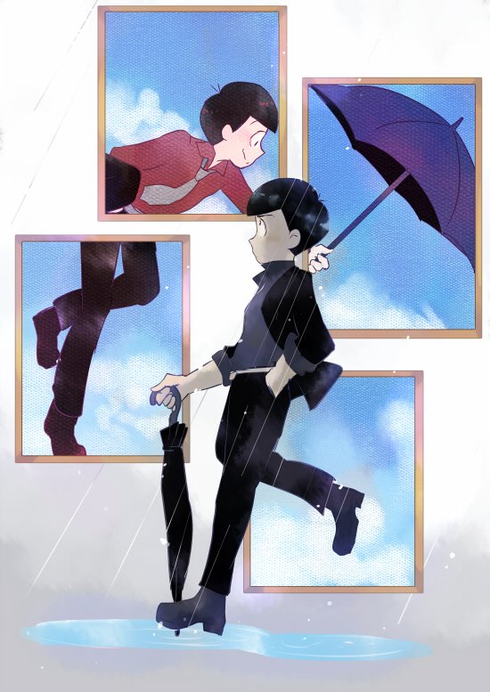 2boys alternate_costume antenna_hair black_eyes black_hair black_jacket black_pants black_shoes black_socks black_umbrella blazer blue_shirt blue_sky blunt_bangs brothers brown_shoes closed_mouth closed_umbrella cloud cloudy_sky collared_shirt commentary_request expressionless floating floating_clothes formal_clothes full_body grey_neckerchief hanada_hyou hand_in_pocket happy holding holding_jacket holding_umbrella holding_unworn_clothes jacket light_blush light_particles long_sleeves looking_at_another male_focus matsuno_karamatsu matsuno_osomatsu midriff_peek multiple_boys neckerchief one-hour_drawing_challenge osomatsu-san osomatsu_(series) painting_(object) pants purple_umbrella rain red_shirt shirt shoes short_hair siblings sky sleeve_cuffs smile socks thick_eyebrows turtleneck turtleneck_shirt umbrella unworn_jacket