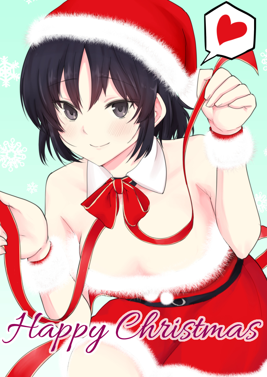 1girl bare_shoulders black_eyes black_hair bracelet closed_mouth collar detached_collar dress fur-trimmed_dress fur-trimmed_headwear fur_bracelet fur_trim hat heart highres jewelry kujou_meika looking_at_viewer meika-san_wa_oshikorosenai merry_christmas neck_ribbon red_dress red_hat red_ribbon ribbon saitou_shouki santa_costume santa_hat short_hair solo spoken_heart strapless strapless_dress white_collar