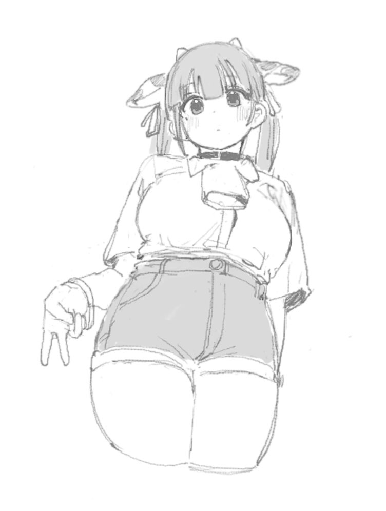 1girl animal_ears bell bracelet collar cow_ears cow_girl cow_horns cowbell horns jewelry looking_at_viewer nimo_(b45ui) original shirt shorts simple_background small_horns solo thighs v white_background