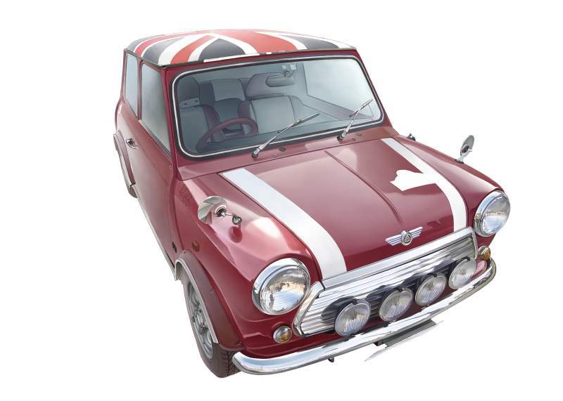 asai_takashi car mini_cooper motor_vehicle original red_car simple_background steering_wheel union_jack white_background