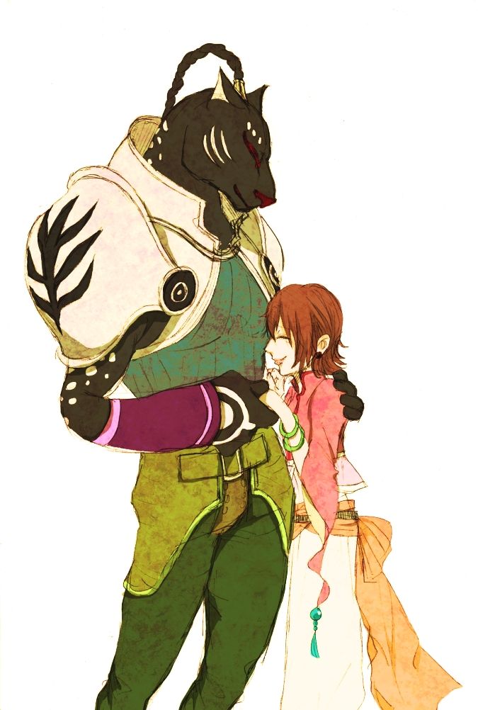 1boy 1girl annie_barrs armor belt bracelet braid breasts brown_hair earrings eugene_gallardo closed_eyes gloves jewelry lips long_hair midriff navel pants see-through_clothes short_hair smile tales_of_(series) tales_of_rebirth wide_sleeves