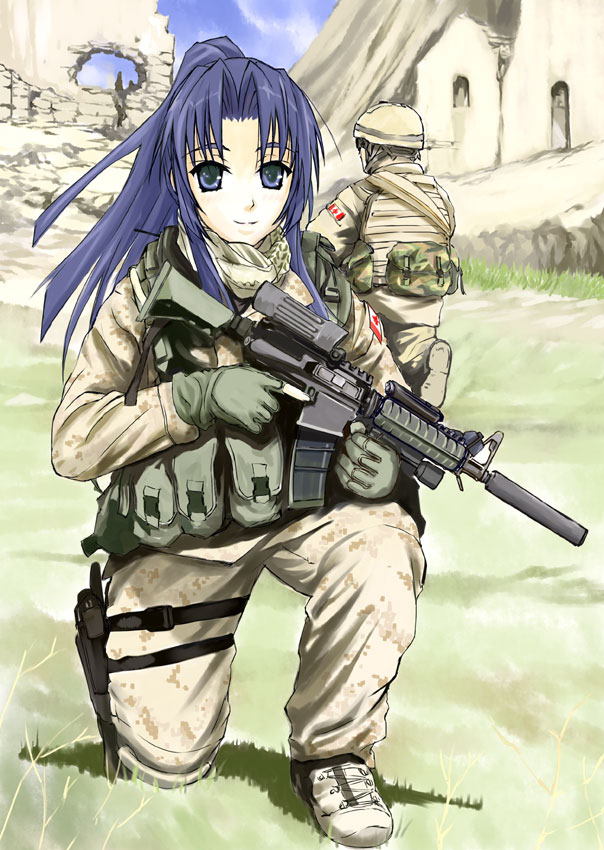 00s 1girl ammunition_pouch asakura_ryoko assault_rifle bad_id bad_pixiv_id blue_eyes blue_hair camouflage canada canadian_army canadian_forces combat_helmet desert_camouflage digital_camouflage female_focus funeral_(artist) funeral_(pixiv_471657) gun helmet holstered jacket load_bearing_vest long_hair m4_carbine matching_hair/eyes military military_combat_uniform military_jacket military_uniform ponytail pouch rifle solo sumisi suppressor suzumiya_haruhi_no_yuuutsu trigger_discipline weapon
