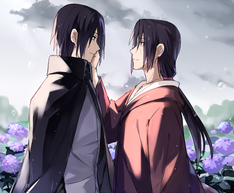 2boys black_hair brothers cape cloak closed_mouth edo_tensei field flower flower_field hair_over_one_eye hair_tied_back hand_on_another&#039;s_cheek hand_on_another&#039;s_face height_difference hood hooded_cloak hoodie hydrangea jewelry long_hair male_focus manly medium_hair multiple_boys naruto_(classic) naruto_(series) naruto_shippuuden necklace ninja ponytail red_cloak sharingan short_hair siblings smile spiked_hair uchiha_itachi uchiha_sasuke usagishi