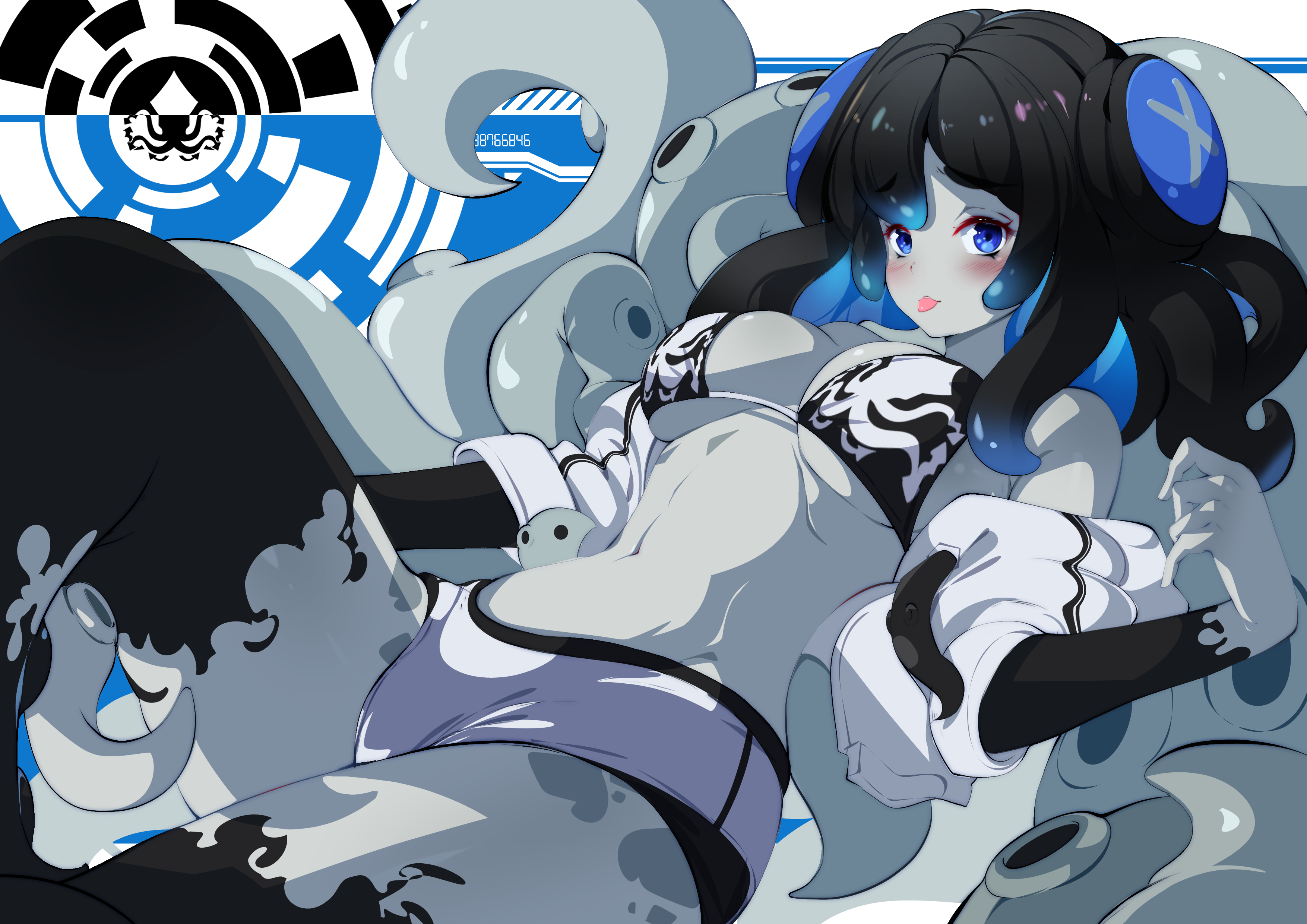 1girl absurdres animahakim bikini blue_eyes bodypaint breasts cleavage colored_skin commission commissioner_upload grey_skin highres jacket jacket_on_shoulders large_breasts looking_at_viewer lying medium_breasts monster_girl on_back original phyluma_(teuthidan) scylla short_shorts shorts solo swimsuit tentacle_hair tentacles tongue tongue_out