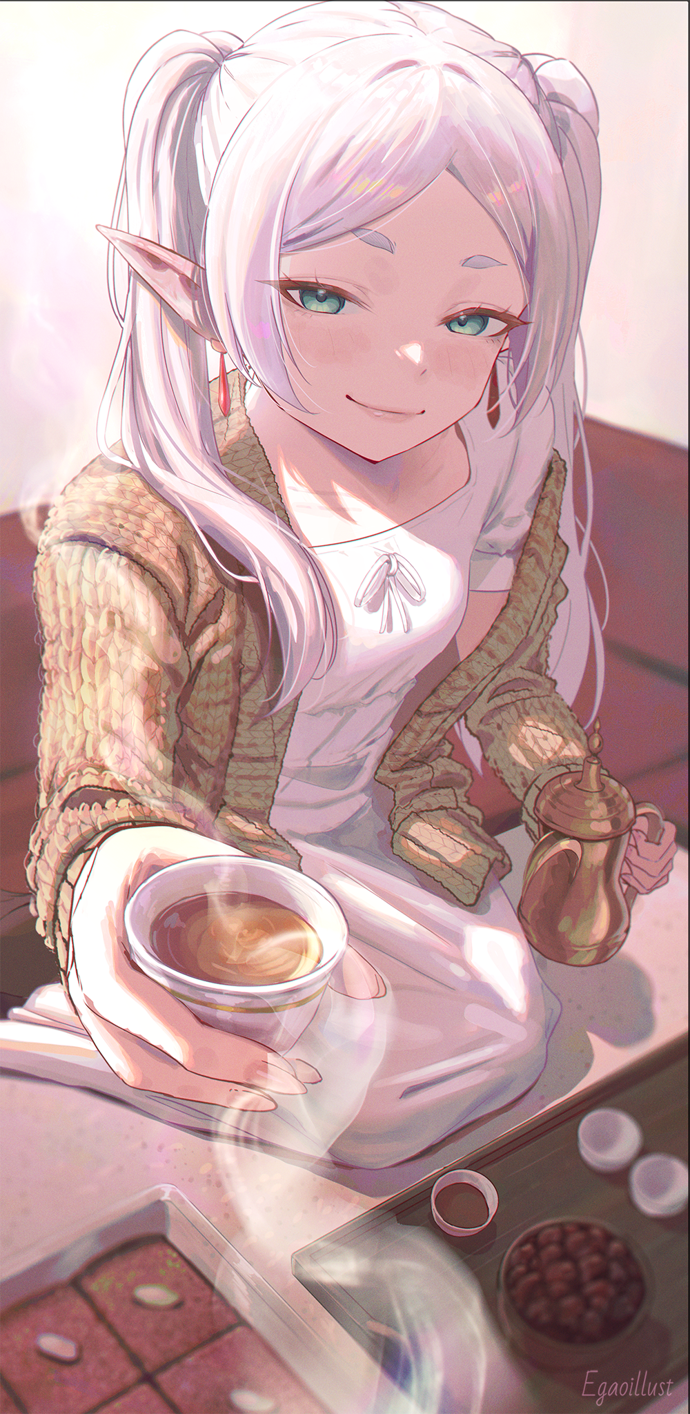1girl blush brown_cardigan cardigan closed_mouth coffee cup double-parted_bangs dress earrings elf frieren green_eyes highres holding holding_cup jewelry long_hair looking_at_viewer pointy_ears samlooop seiza sidelocks sitting smile solo sousou_no_frieren twintails white_dress white_hair