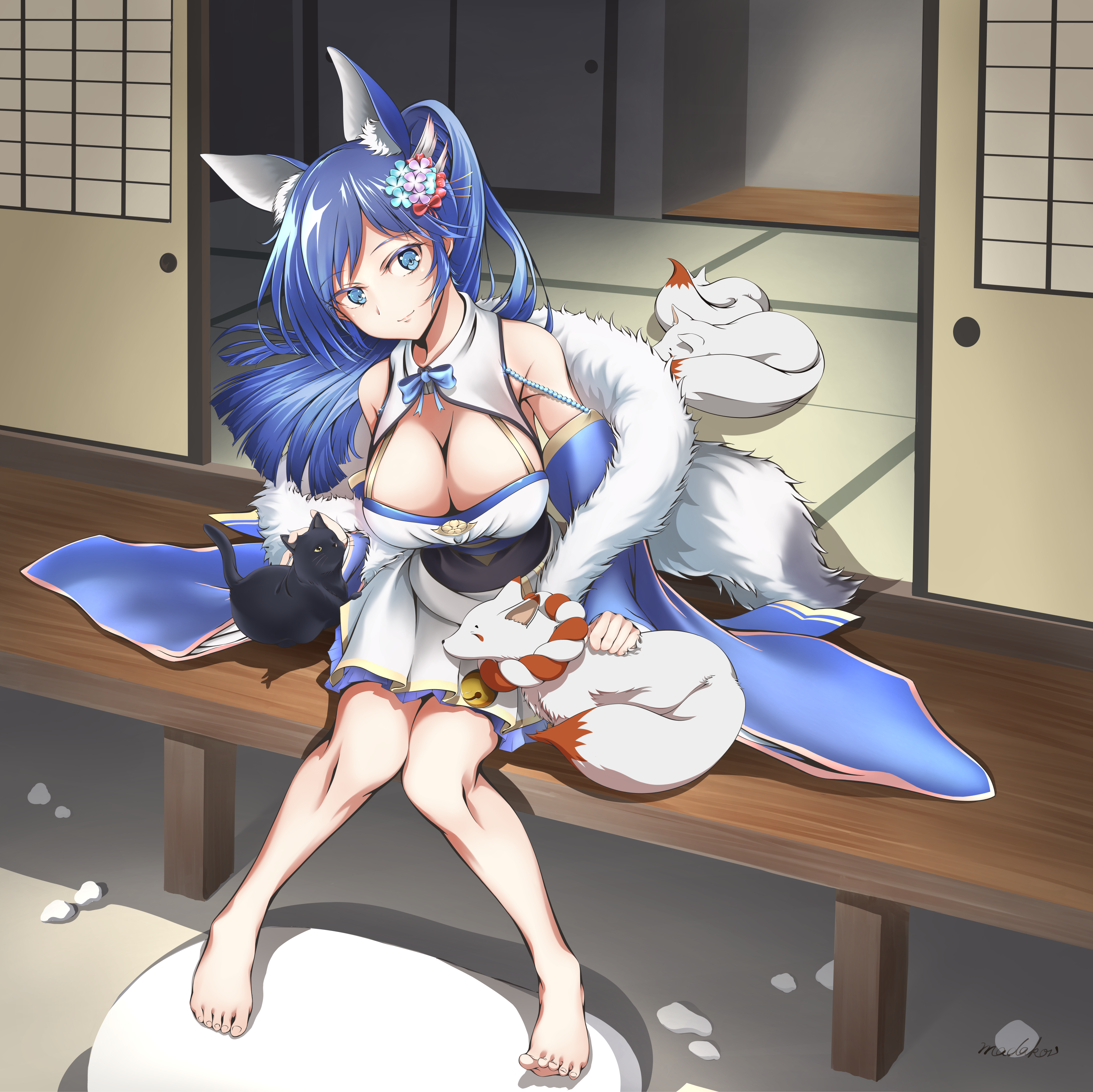 1girl absurdres animal_ear_fluff architecture azur_lane barefoot bell blue_dress blue_hair breasts chrysanthemum detached_sleeves dress east_asian_architecture emblem flower fox fox_tail fur_scarf highres indoors japanese_clothes jingle_bell jintsuu_(azur_lane) large_breasts madakov_kodima neck_bell open_door ponytail rope sash shimenawa sitting sliding_doors smile solo tail tatami veranda white_dress wide_sleeves wooden_floor