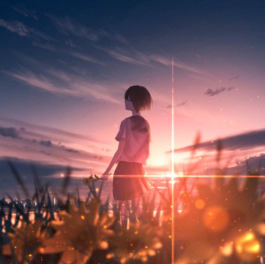 1girl black_hair black_skirt blurry blurry_foreground city cloud commentary commentary_request depth_of_field evening flower holding holding_flower lens_flare mixed-language_commentary non-circular_lens_flare o-bana original outdoors pleated_skirt scenery school_uniform serafuku short_hair short_sleeves skirt sky solo standing sunflower
