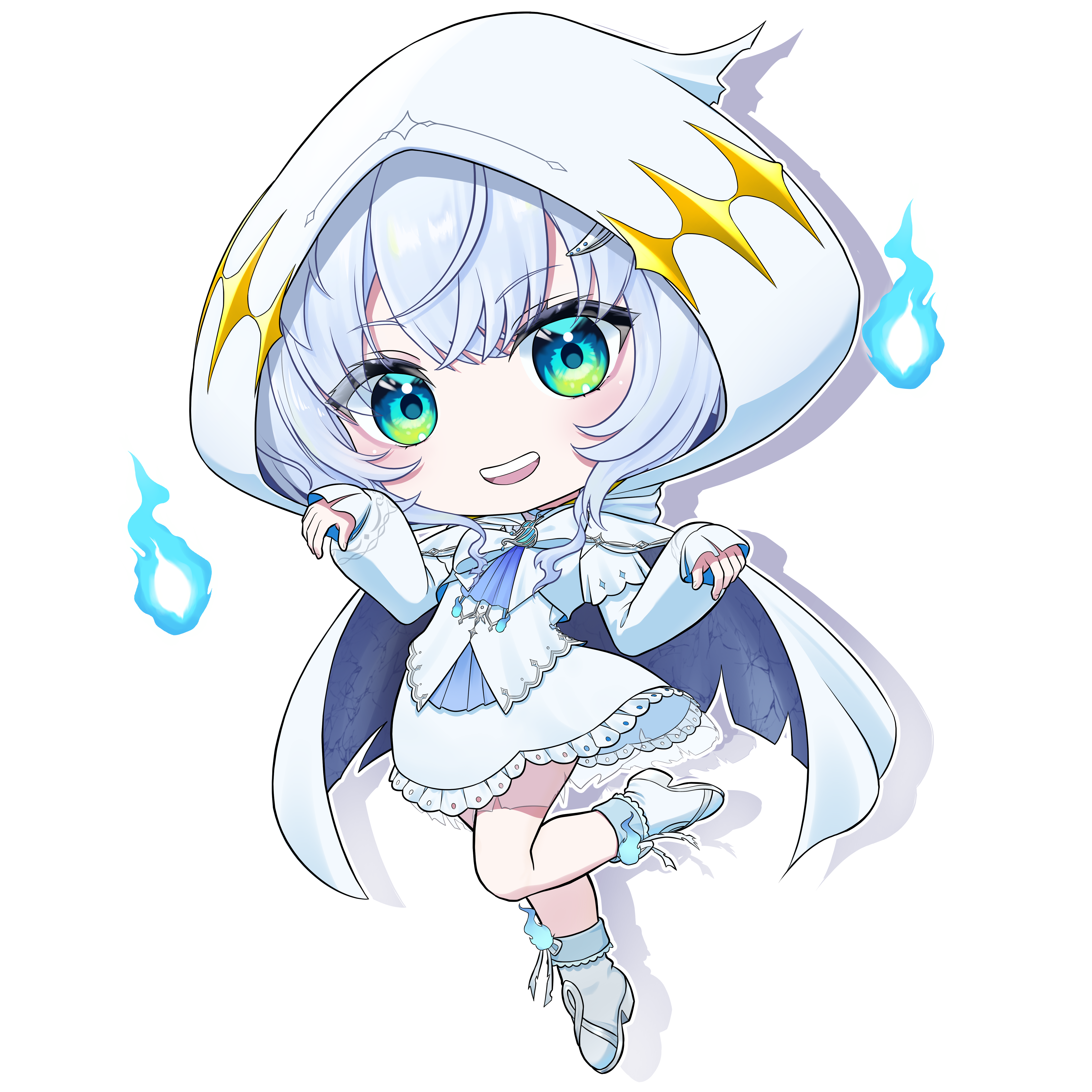 1girl :d absurdres ascot blue_ascot blue_eyes blue_fire blush boots briareos cape chibi chibi_only commentary_request dress fire frilled_dress frills full_body highres hitodama hood hood_up hooded_cape kasukane_shino large_variant_set looking_at_viewer nanashi_inc. open_mouth shadow short_hair smile solo standing standing_on_one_leg transparent_background variant_set virtual_youtuber white_boots white_cape white_dress white_hair