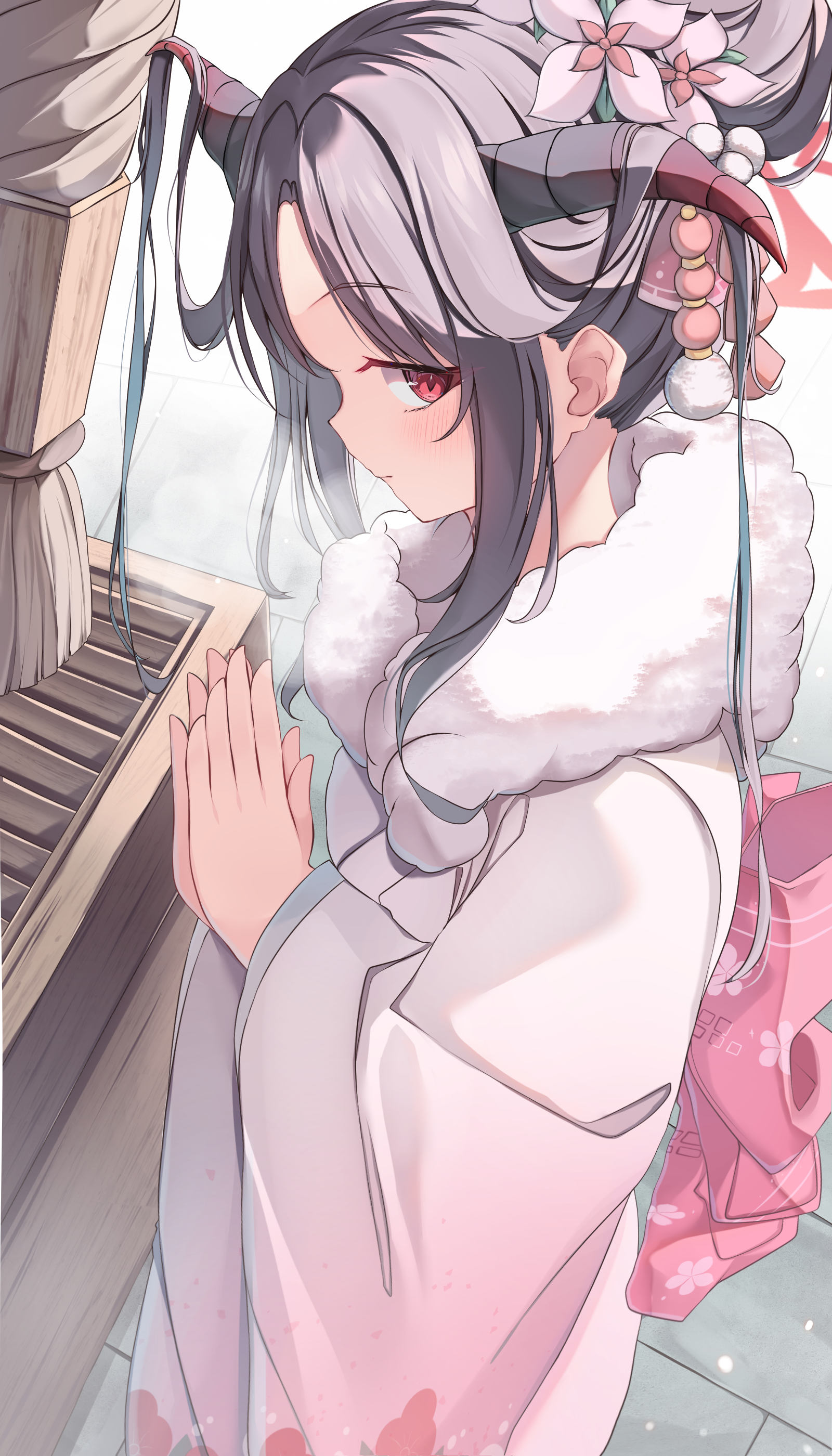 1girl absurdres black_hair blue_archive demon_horns flower fur-trimmed_kimono fur_collar fur_scarf fur_trim fuuka_(blue_archive) fuuka_(new_year)_(blue_archive) gourmet_research_society_(blue_archive) gradient_clothes gradient_kimono hair_bun hair_flower hair_on_horn hair_ornament halo hatsumoude highres horns japanese_clothes kimono long_hair looking_at_viewer looking_back motor_vehicle new_year obi osechi own_hands_together paru_364364 pink_kimono print_kimono red_eyes red_halo sash scooter white_kimono