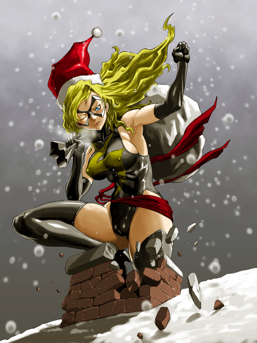 1girl armpits avengers_(series) bare_shoulders black_gloves blonde_hair blue_eyes boots breasts cameltoe carol_danvers chimney christmas covered_erect_nipples elbow_gloves female_focus gloves hat highres large_breasts leotard long_hair marvel mask ms_marvel no_bra rooftop sack santa_hat sash shimotsuki_juugo skin_tight solo thigh_boots thighhighs wince you&#039;re_doing_it_wrong