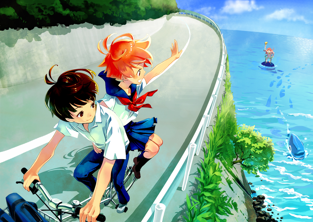 00s 1girl 2boys aged_up ahoge arm_around_waist bicycle black_socks blouse blue_pants blue_skirt briefcase brown_hair bush child day fish from_above fujimoto gake_no_ue_no_ponyo guard_rail horizon kaekae kneehighs looking_at_another looking_back multiple_boys multiple_riders neckerchief ocean orange_hair outdoors outstretched_arm pants plant pleated_skirt ponyo red_hair riding road rock school_briefcase school_uniform serafuku shirt short_hair short_sleeves sidesaddle skirt sky socks sosuke street studio_ghibli waves waving white_shirt