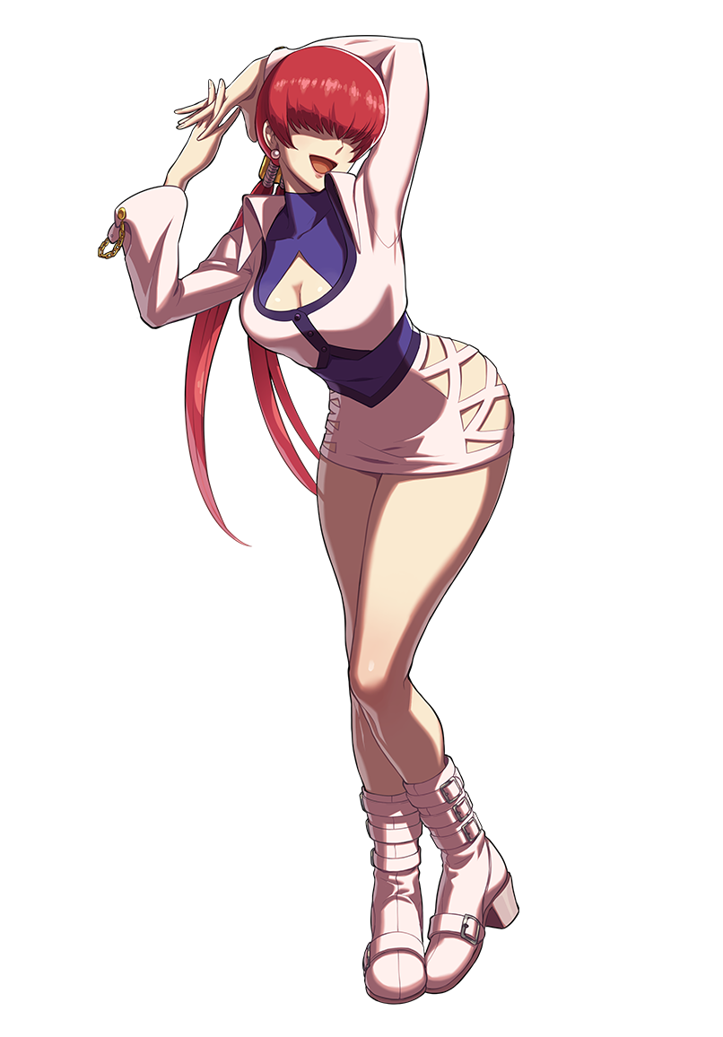 1girl arms_up boots breasts cleavage cleavage_cutout clothing_cutout contrapposto dress female_focus full_body hair_over_eyes large_breasts long_hair long_sleeves official_art ogura_eisuke open_mouth red_hair shermie_(kof) snk snk_heroines:_tag_team_frenzy solo the_king_of_fighters transparent_background