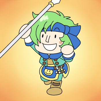 1boy antenna_hair aqua_jacket aqua_pants asymmetrical_bangs belt belt_bra black_eyes blue_belt blue_headband blue_scarf blue_skirt blush_stickers boots brown_boots brown_shirt buttons chibi commentary_request flat_color fuyuzato_seia green_hair hand_on_own_cheek hand_on_own_face happy headband holding holding_polearm holding_weapon hoshi_wo_miru_hito jacket knee_boots long_sleeves lowres male_focus medium_skirt open_clothes open_jacket open_mouth orange_background pants pants_under_skirt polearm scarf shiba_(hoshi_wo_miru_hito) shirt short_hair skirt smile smiley_face solid_oval_eyes solo spear stargazer_(series) weapon white_sleeve_cuffs