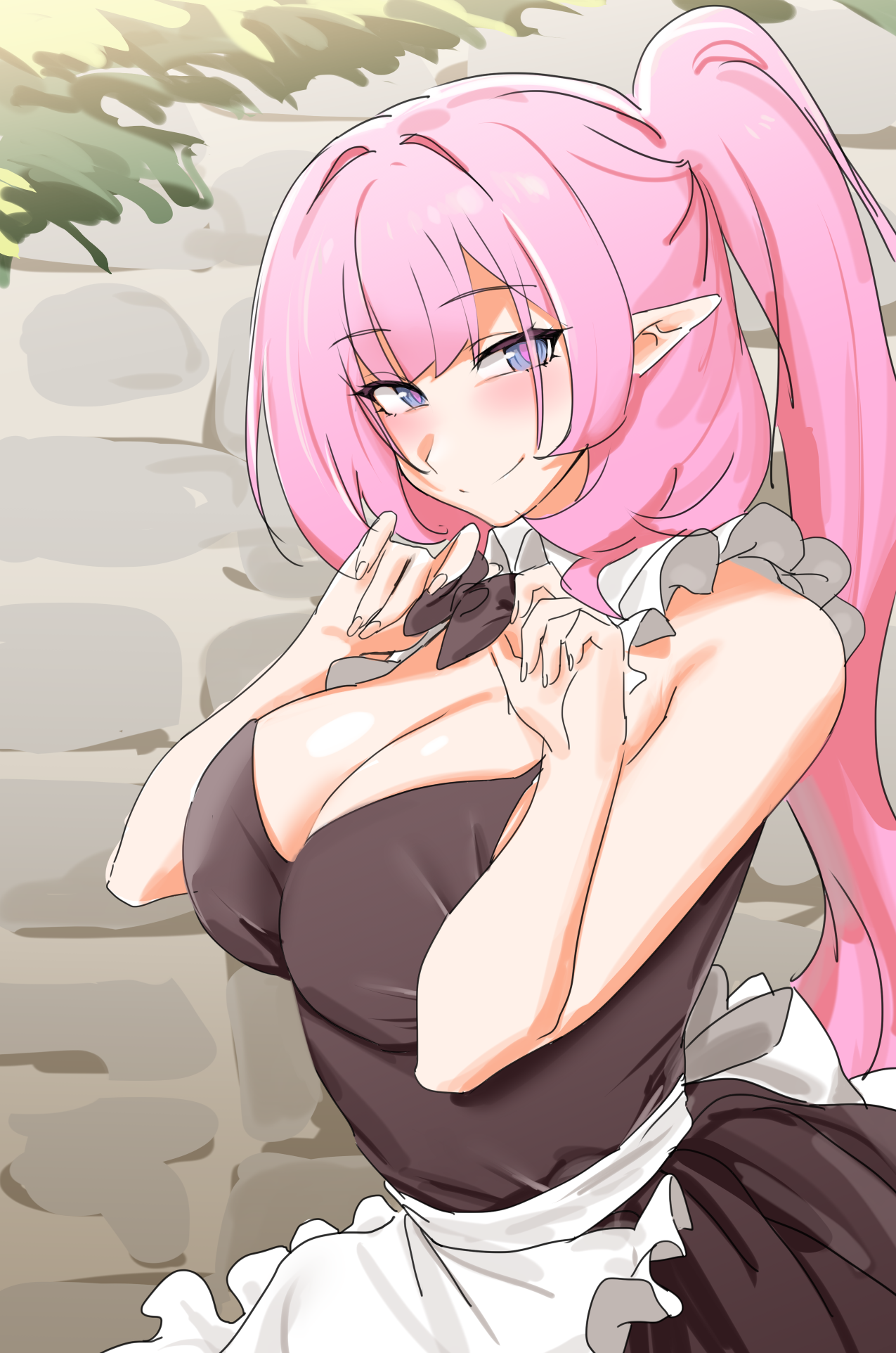 1girl alternate_costume apron black_bow black_bowtie black_dress blue_eyes bow bowtie breasts cleavage dated_commentary dress elf elysia_(honkai_impact) highres honkai_(series) honkai_impact_3rd large_breasts long_hair looking_at_viewer maid_apron pink_hair pointy_ears ponytail saki_(remainaddd) smile solo white_apron