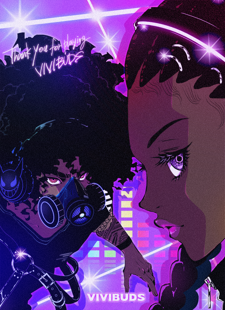 1boy 1girl afro arm_tattoo black_hair black_skirt copyright_name dark-skinned_female dark-skinned_male dark_skin headphones logo looking_at_viewer mask non-web_source official_art pink_lips profile purple_eyes red_eyes respirator skirt tattoo thank_you vivibuds