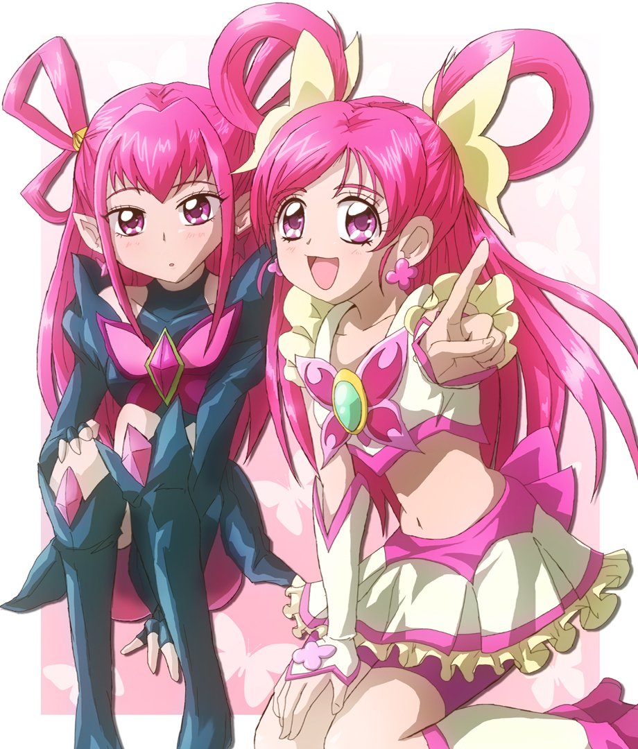 2girls :d arm_warmers bike_shorts black_footwear boots bow brooch butterfly_earrings butterfly_ornament cure_dream dark_cure_(yes!_precure_5) dark_dream detached_sleeves earrings feet_out_of_frame fingerless_gloves frilled_skirt frills futa-futa gloves jewelry knee_boots kneeling long_hair looking_at_viewer magical_girl midriff multiple_girls navel open_mouth patterned_background pink_bow pink_hair pink_theme pointing pointing_at_viewer pointy_ears precure purple_eyes shorts shorts_under_skirt sitting skirt smile stomach swept_bangs yellow_skirt yes!_precure_5 yumehara_nozomi