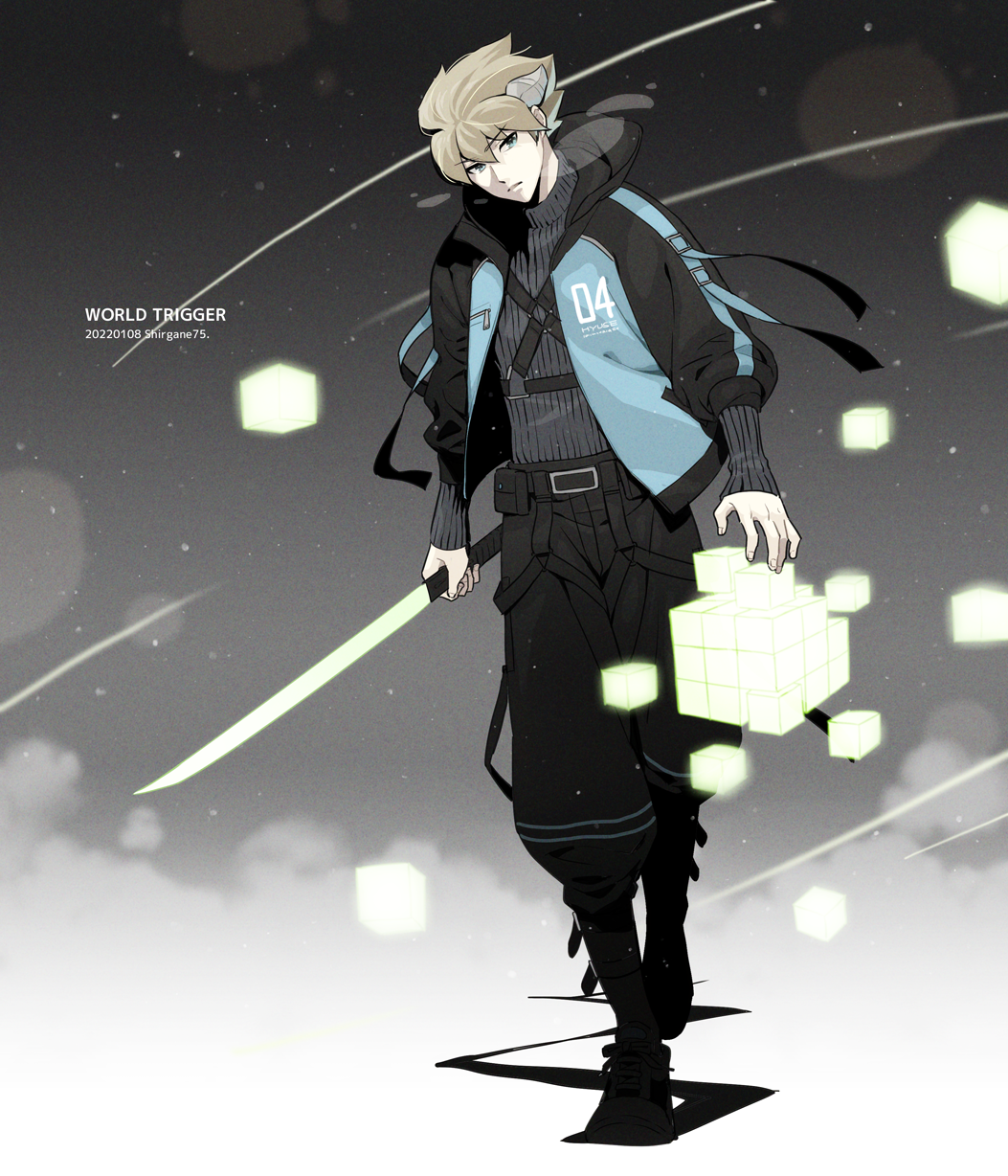 1boy black_jacket black_pants black_shoes black_socks blonde_hair blue_jacket blurry bokeh clothes_writing copyright_name cube dated depth_of_field full_body glowing glowing_weapon grey_background grey_sweater harness head_tilt highres holding holding_sword holding_weapon horns hyuse jacket kneehighs light_brown_hair light_particles long_sleeves looking_at_viewer male_focus motion_blur multicolored_jacket pants puffy_pants ribbed_sweater shirogane750 shoes short_hair sneakers socks solo sweater sword turtleneck turtleneck_sweater twitter_username two-tone_jacket walking weapon world_trigger